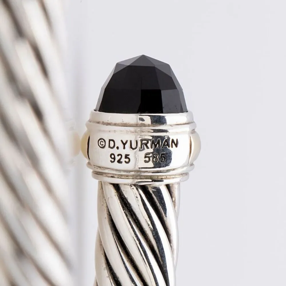 David Yurman Sterling Silver 14k Gold Onyx Cable Classics 7mm Cuff - Picture 3 of 3